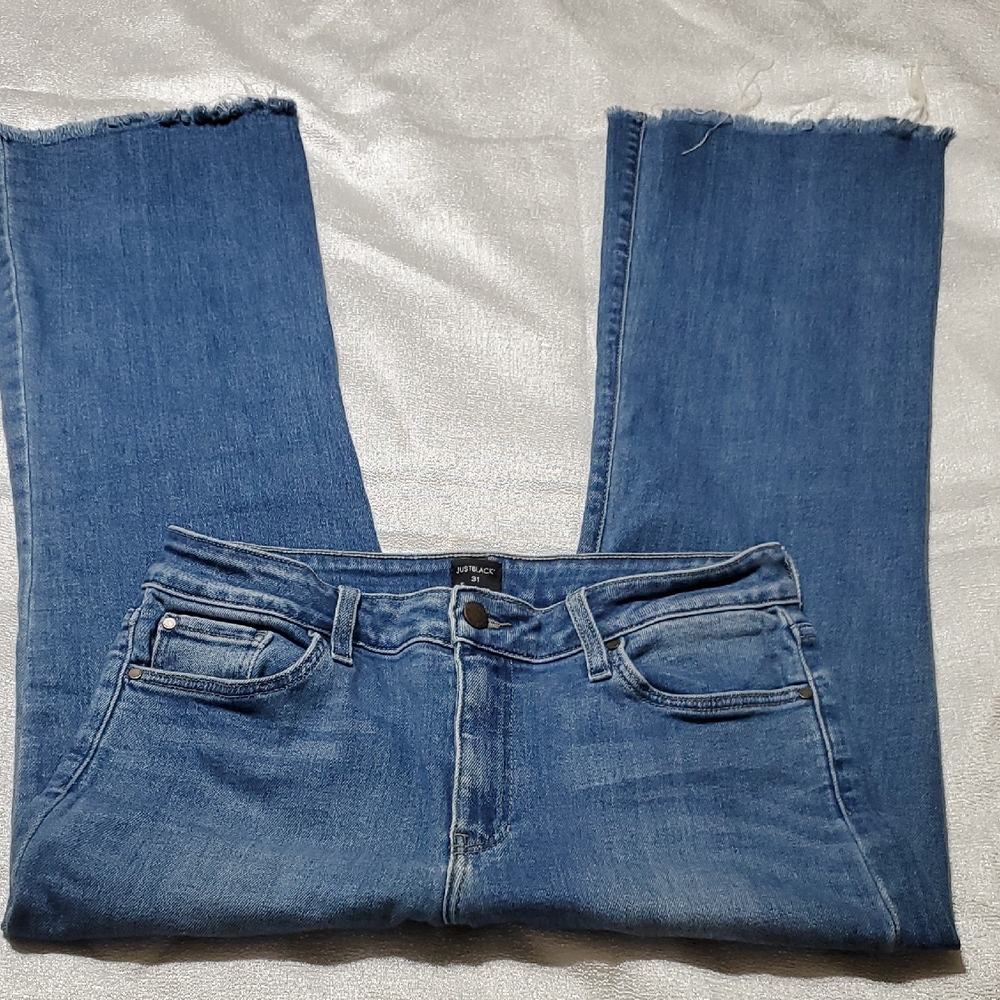 Just Black Womens Size 31 Classic Blue Stretch Straight Leg Jeans Fringe